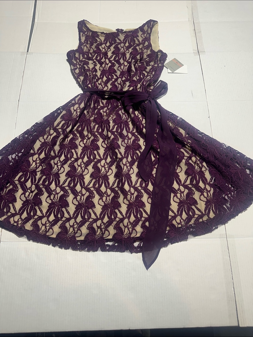 NWT Danny and Nicole Purple and cream Lace Party Dress with Sash zipper in back